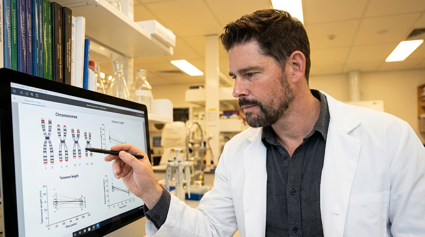 Longevity research scientist examining telomere data