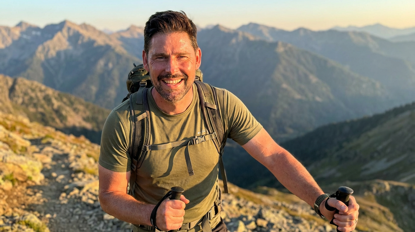 Vibrant healthy aging hiking in mountains