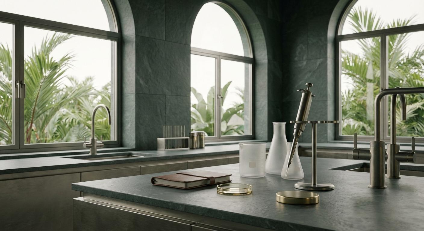An Oria research bench: glass flasks, a pipette, and a leather notebook on a soapstone counter in morning light.