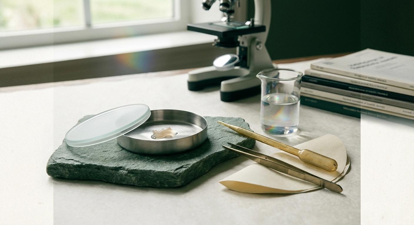 Microscope, glassware and sample tools in a warm-toned research laboratory