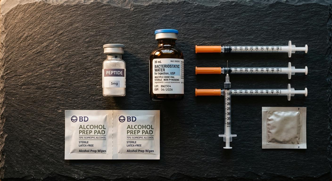 Reconstitution supplies — peptide vial, bacteriostatic water, insulin syringes