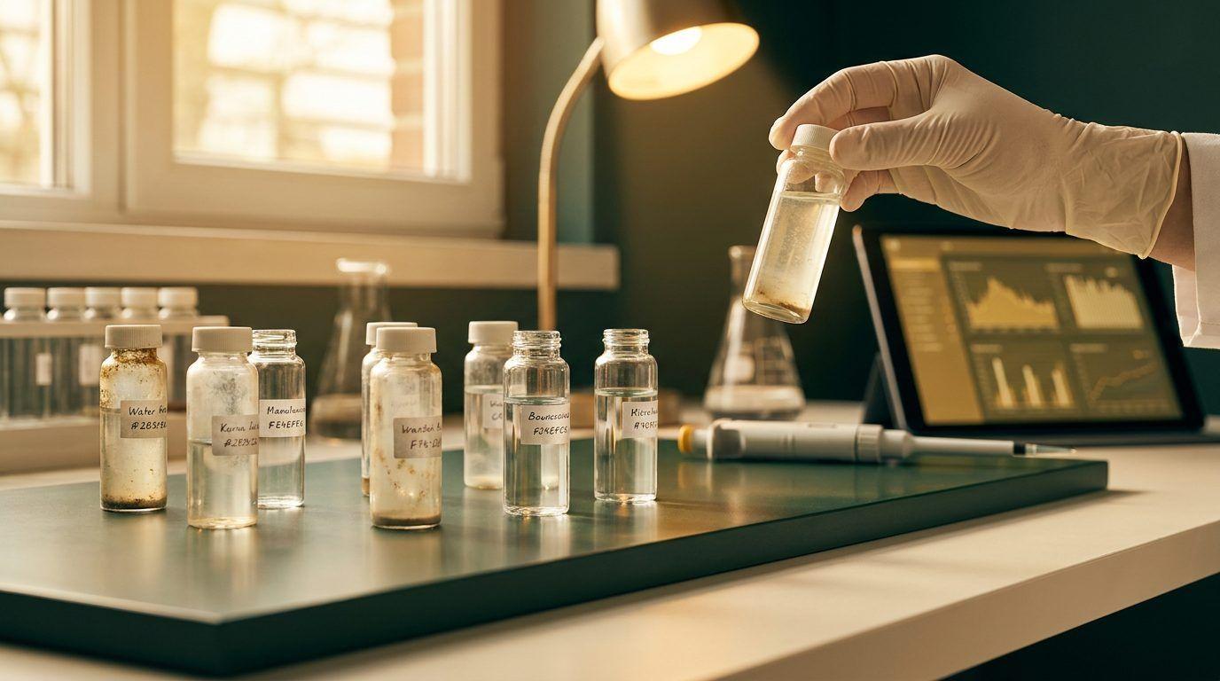 Glass peptide vials being inspected for quality and purity in a laboratory setting