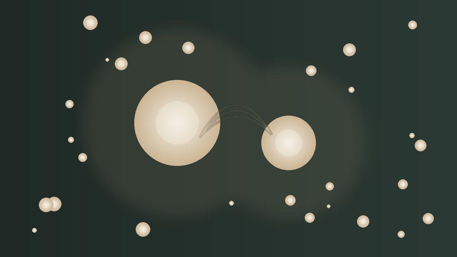 Abstract Oria-palette visualization: two luminous spheres connected by a ribbon arc, evoking cellular energy and renewal.