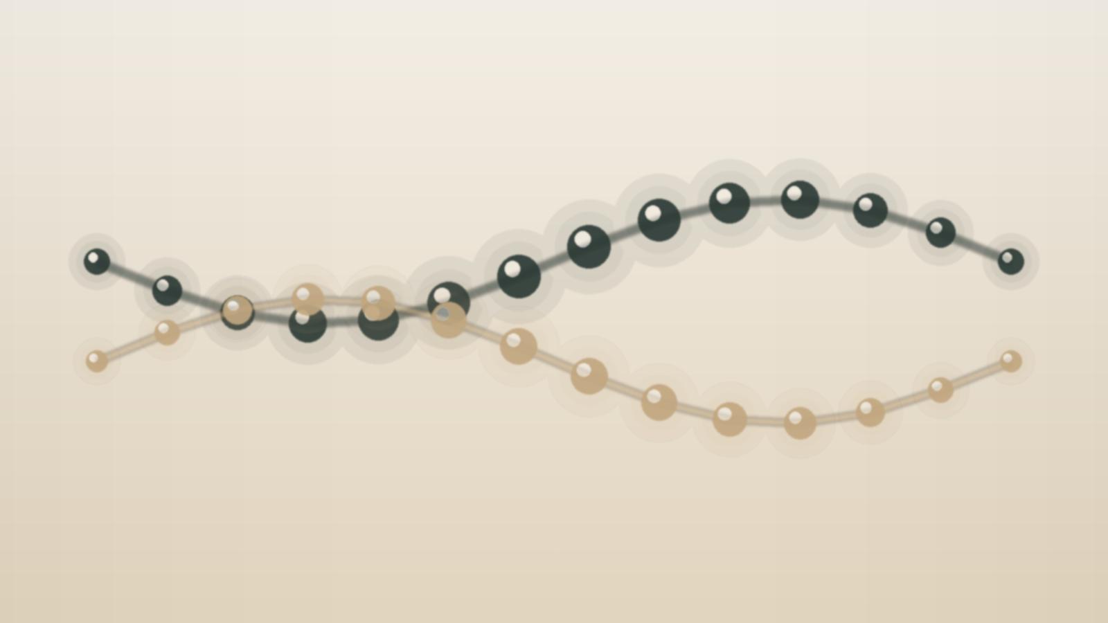 Two intertwined peptide chains in Oria brand colors, representing the apelin and GLP-1 dual-agonist fusion concept