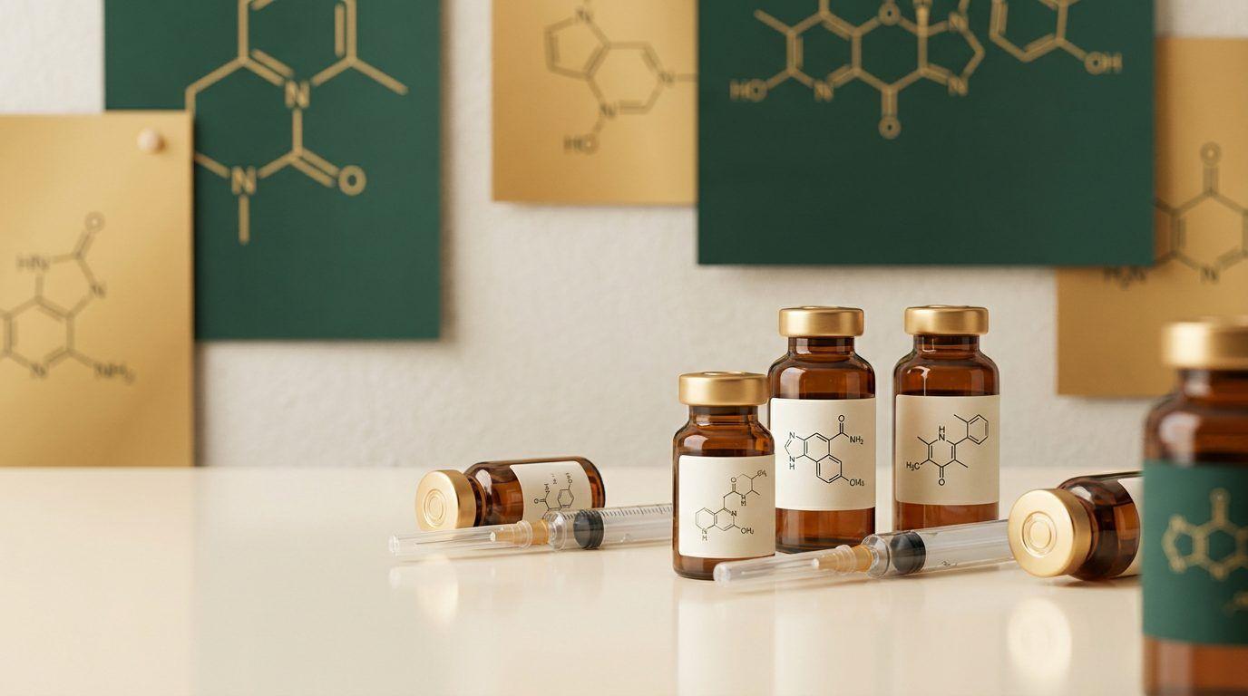 Peptide vials and molecular structures representing the intersection of pharmacy compounding and peptide science