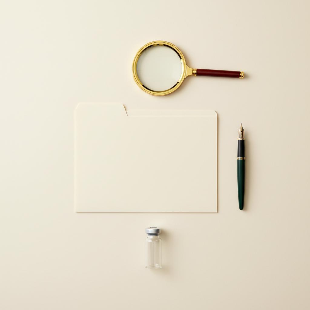 Flat-lay of a cream desk with a blank folder, fountain pen, glass vial and magnifying glass