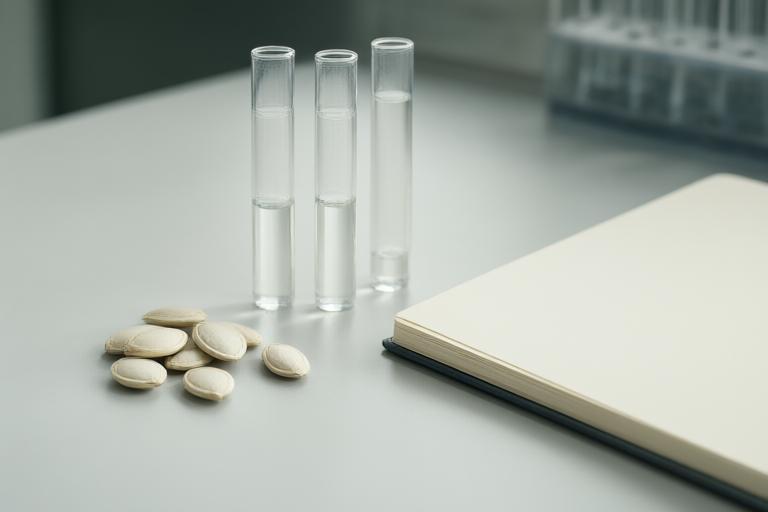 Unlabelled laboratory sample tubes beside pumpkin seeds, illustrating the trial’s safety monitoring without implying a result.