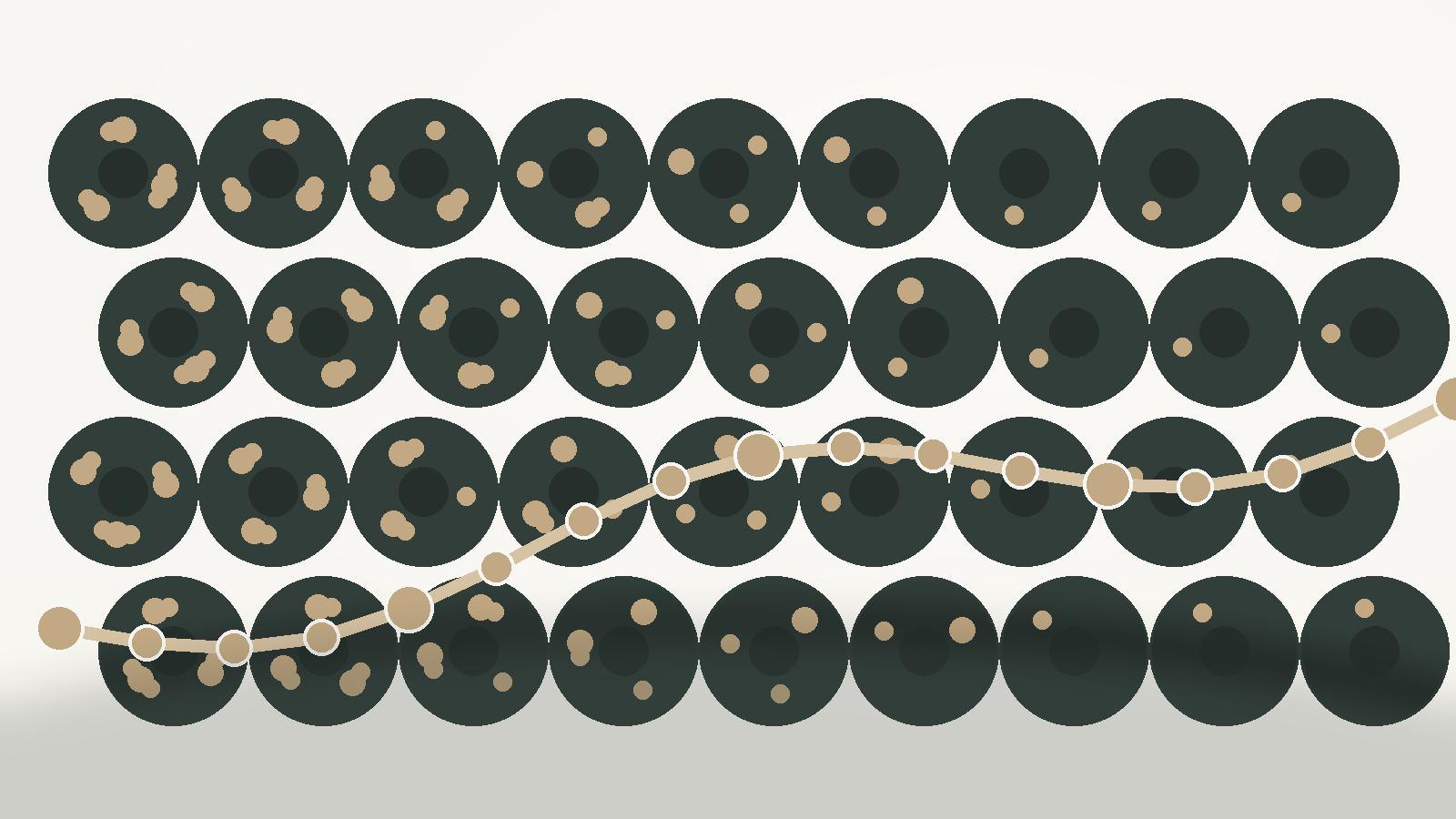 Abstract Oria illustration showing gold liver-fat droplets diminishing across evergreen cellular forms beside a peptide chain