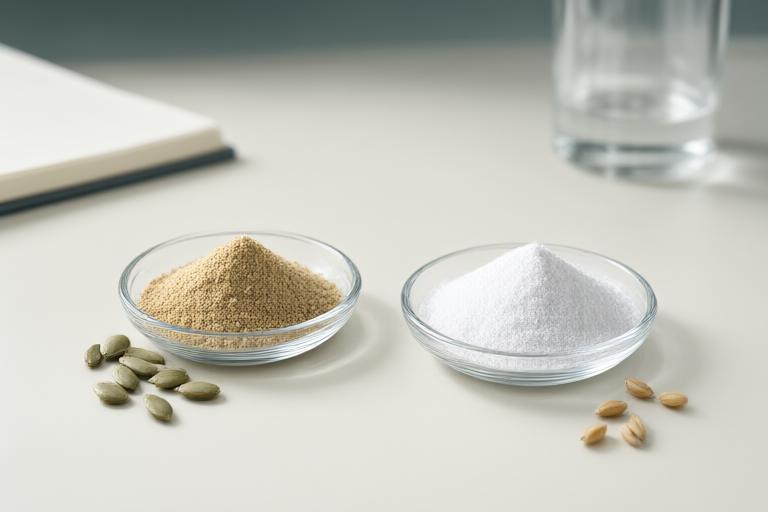 Two equal portions representing the pumpkin-seed preparation and wheat-dextrin placebo used in the randomized trial.